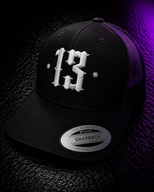 Retro Trucker 13 Snapback Cap - White on Black