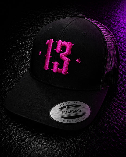 Retro Trucker 13 Snapback Cap - Pink on black