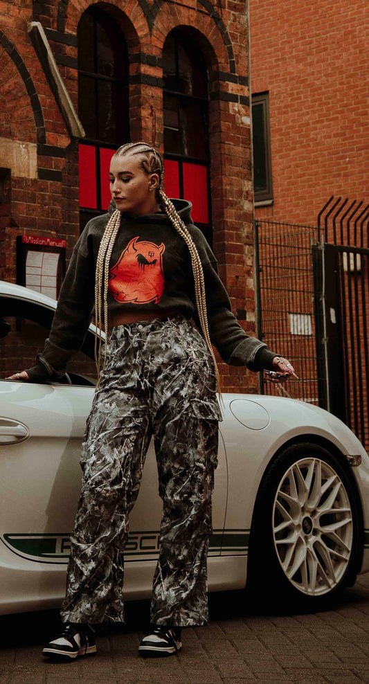 Supernatural Ghost Cropped Hoodie - Dark Grey Acid Wash - Women's