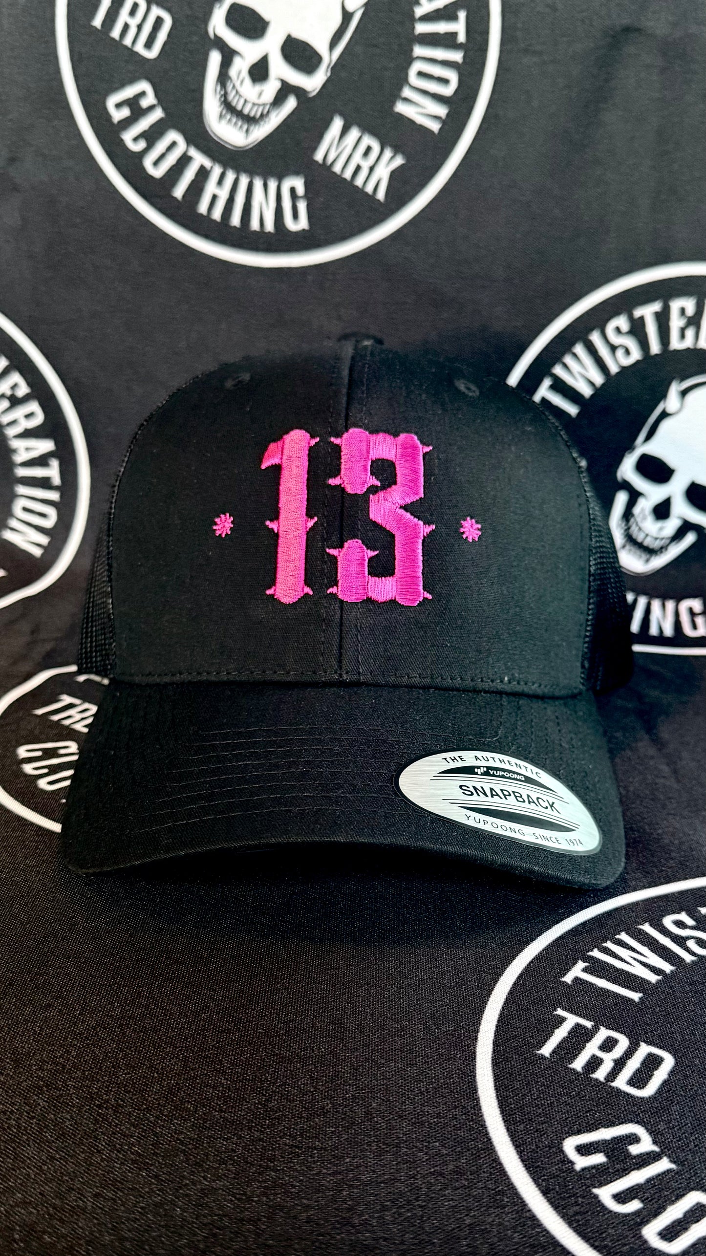Retro Trucker 13 Snapback Cap - Pink on black