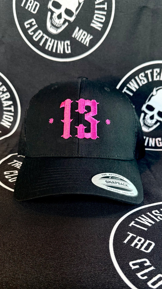 Retro Trucker 13 Snapback Cap - Pink on black