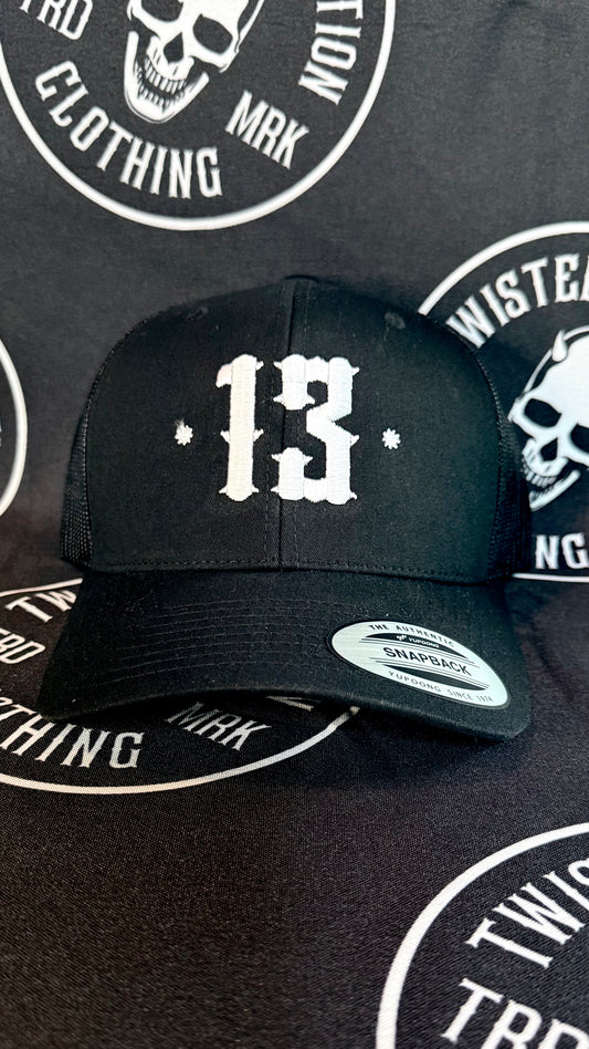 Retro Trucker 13 Snapback Cap - White on Black