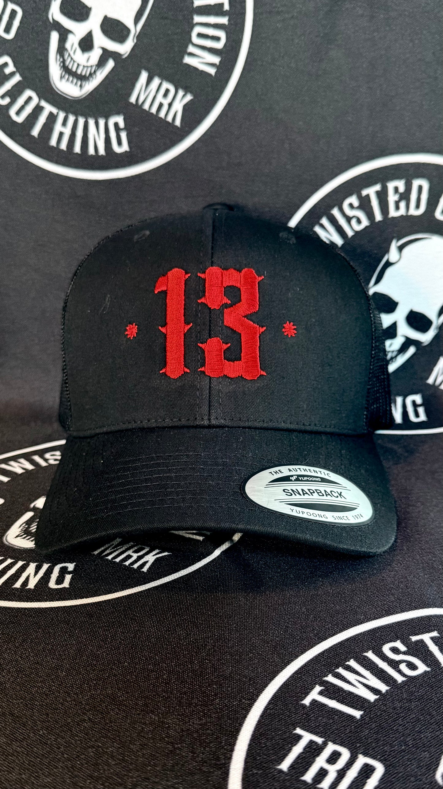 Retro Trucker 13 Snapback Cap - Red on black