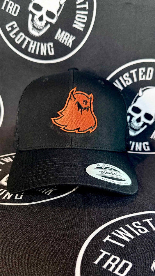 Retro Trucker Supernatural Ghost Snapback Cap - Orange on Black