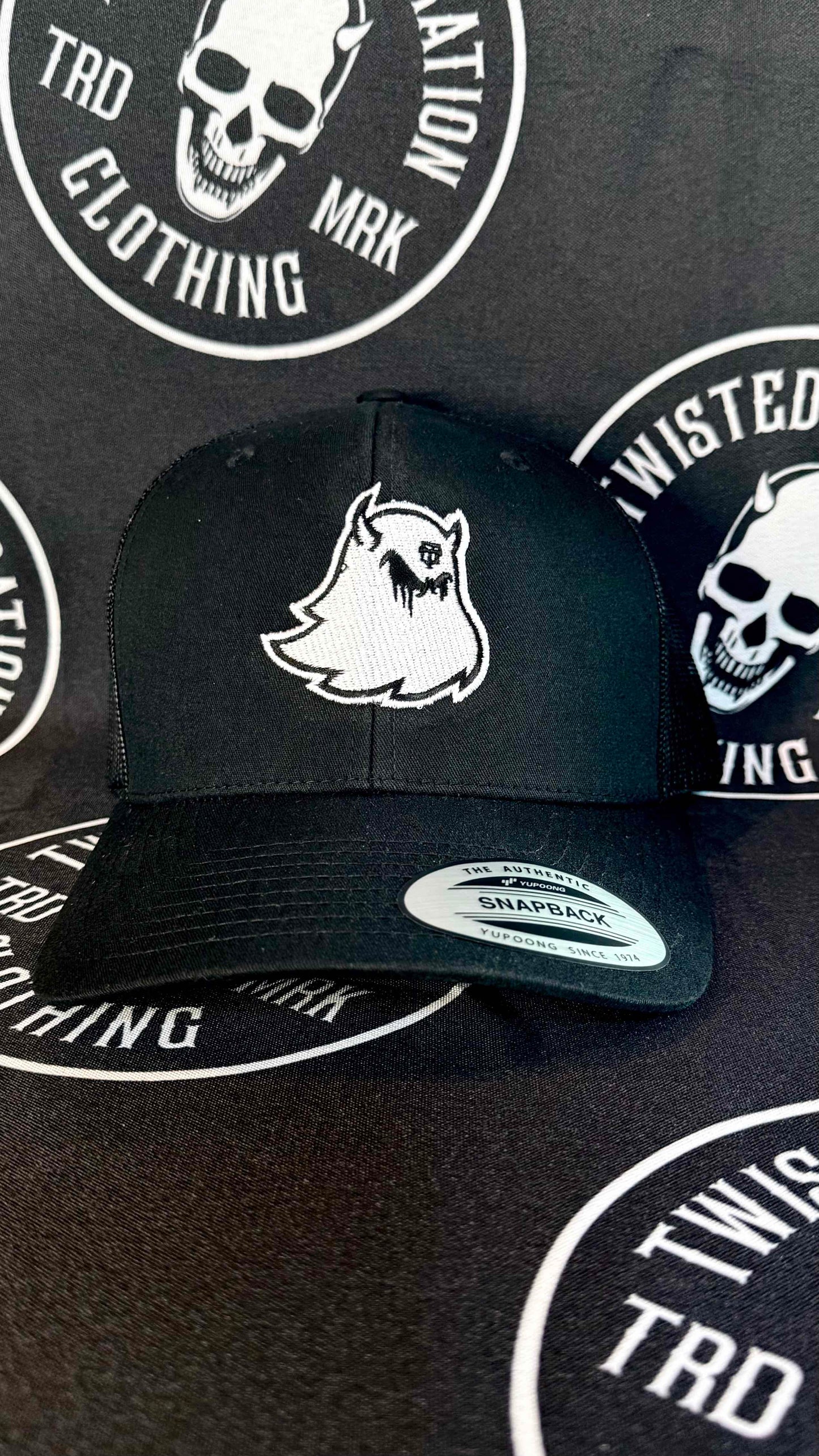 Retro Trucker Supernatural Ghost Snapback Cap - White on Black