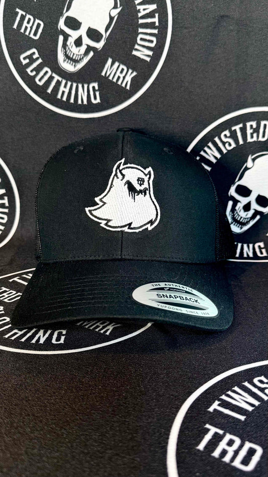 Retro Trucker Supernatural Ghost Snapback Cap - White on Black