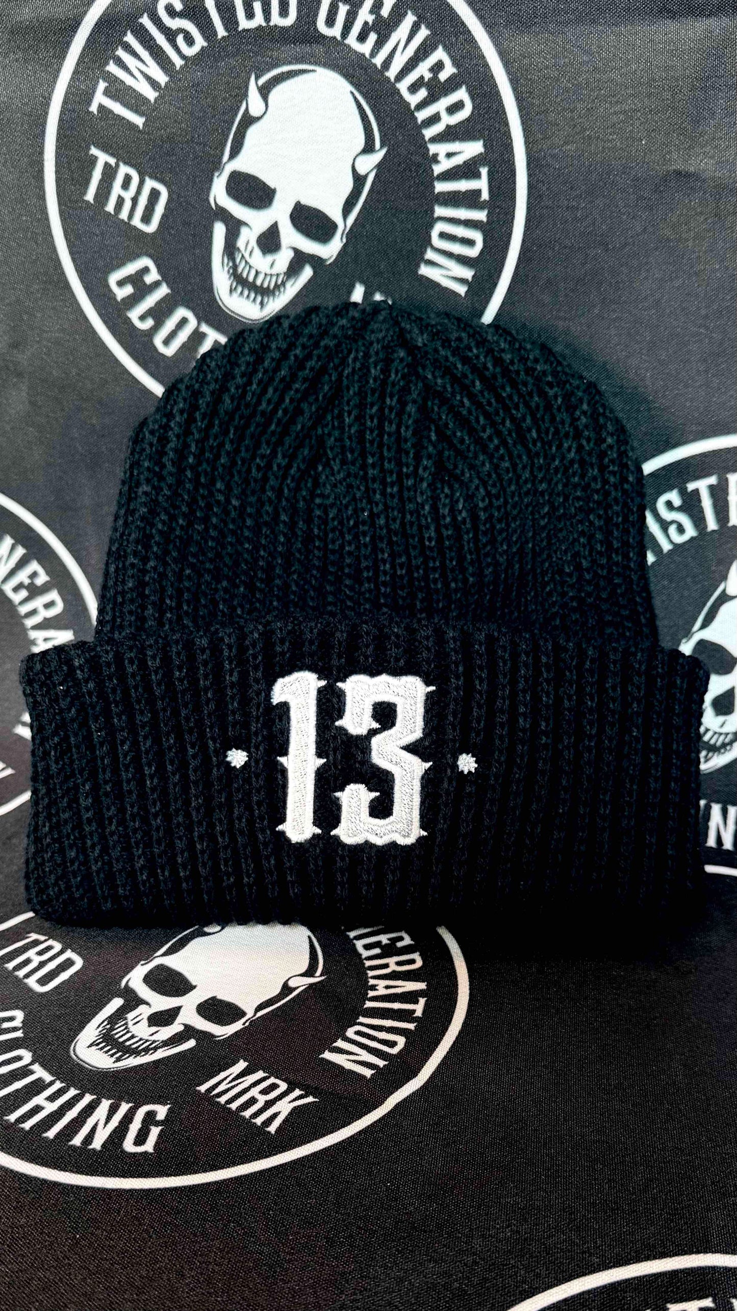 Luxury 13 Beanie - White on black