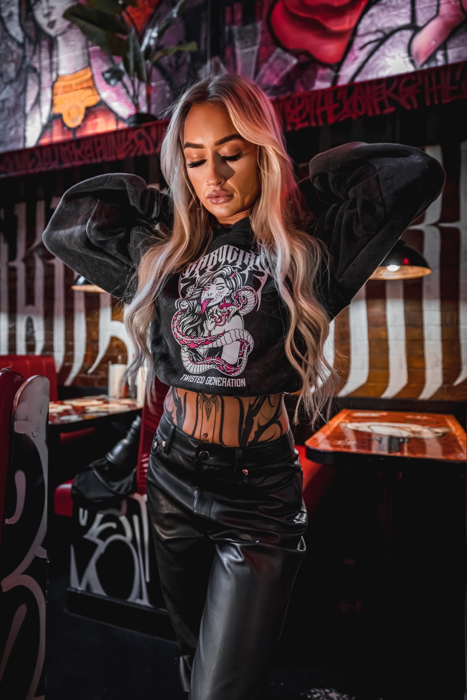 BABYGIRL Cropped Hoodie - Charcoal Acid Wash - Women's